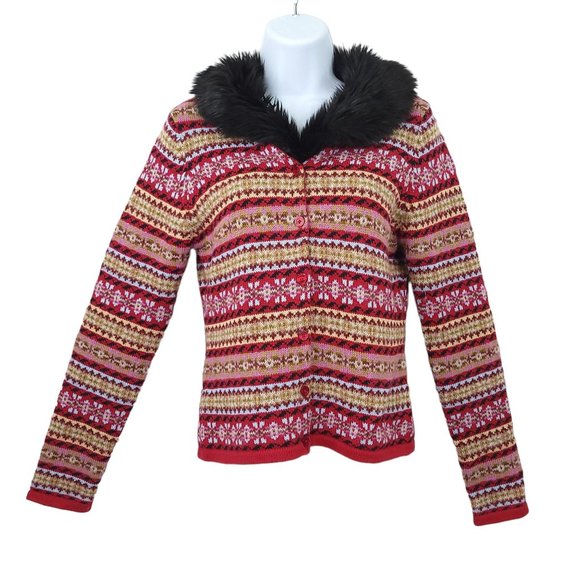 Vintage Harolds Nordic Cardigan Sweater Womens Size S Faux Fur Attached Collar - Picture 1 of 14